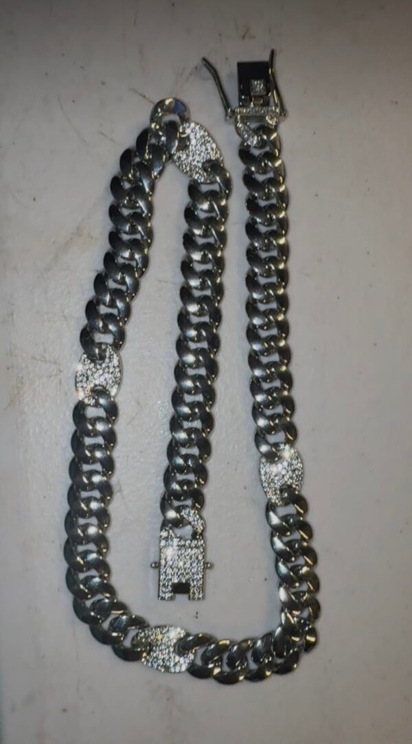20 inch silver plated stainless steel necklace with 4 station links iced out with cubic zarconia stones