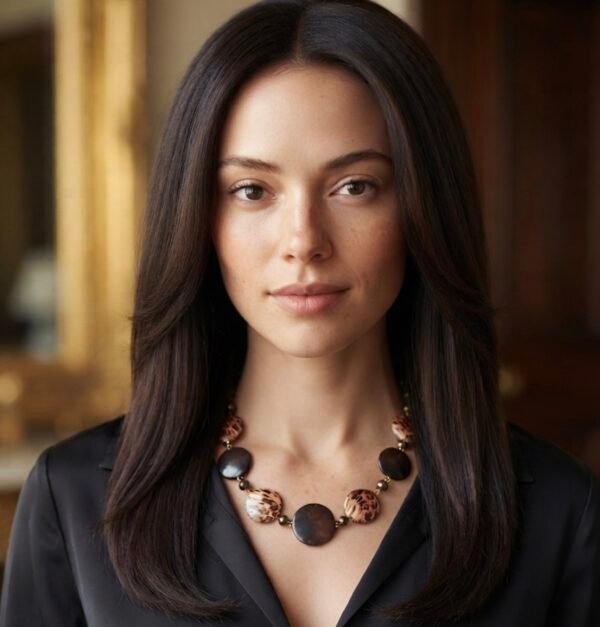 THIS FASHION NECKLACE FEATURES LEPARD PRINTANDBROWN CIRCULAR PENDANTS ON A GOLD-TONE CHAIN