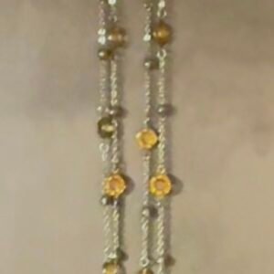 29 INCH STATION NECKLACE WITH METAL BEADS AND CIRCULAR AMBER RHINESTONES